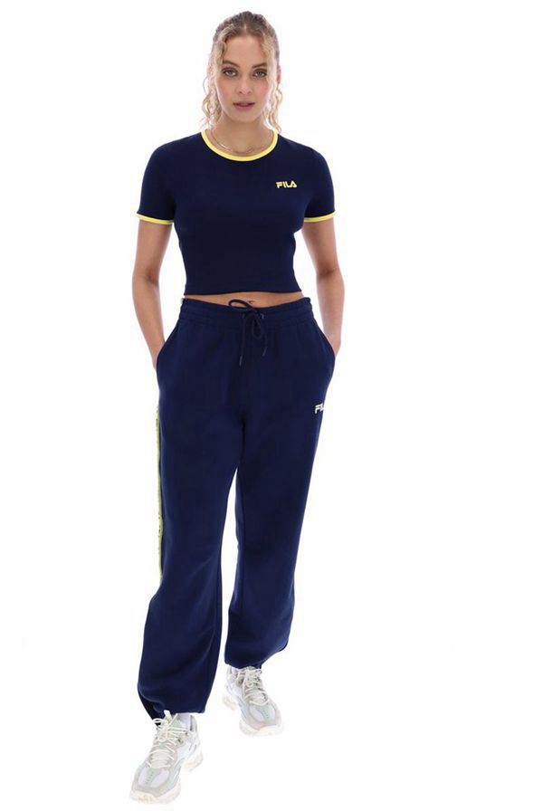 Fila Perla Ribbed Crop Women's T-Shirts - Navy/Gold,NZ 710-57694